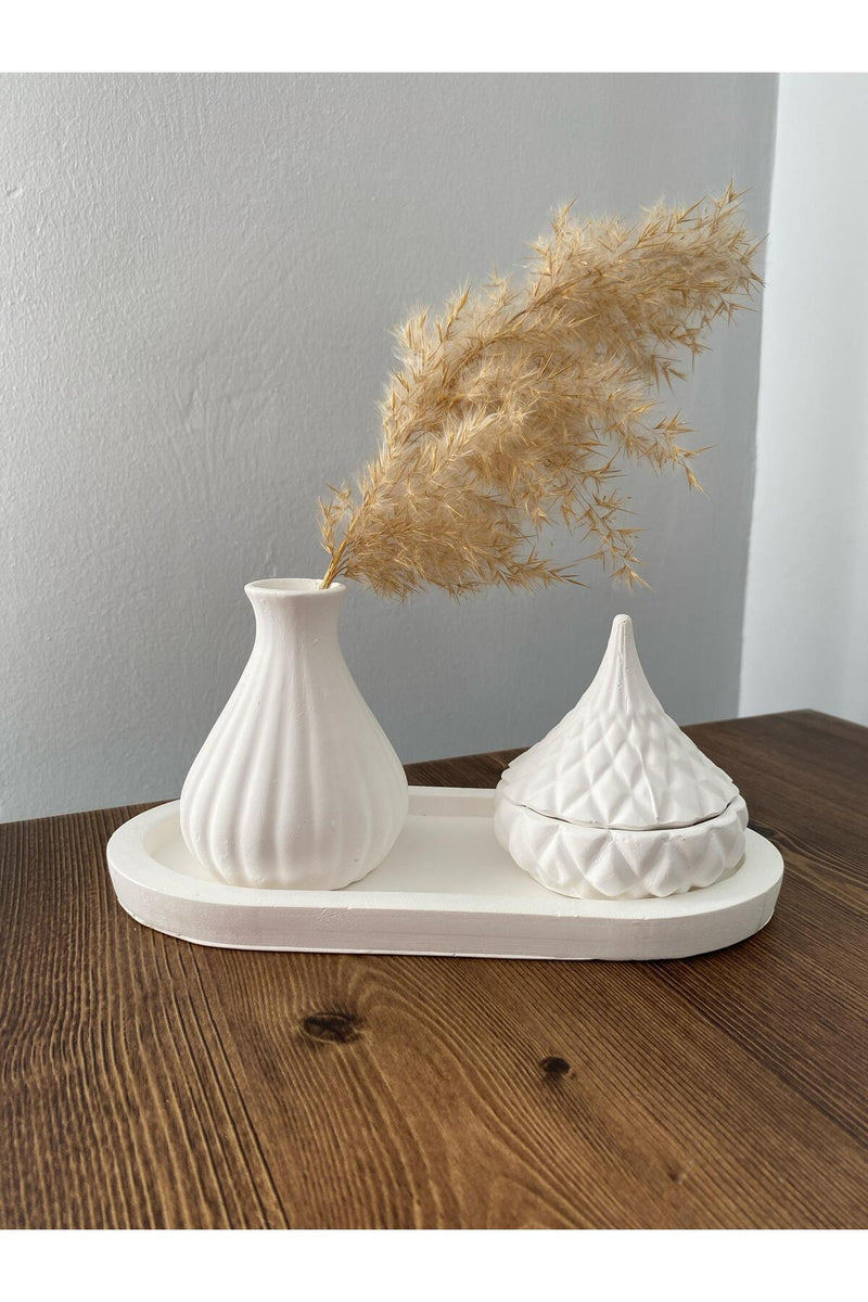 Vazo Minimalist Tasarım Düz Standlı Beyaz Vazo ve Kapaklı Mum Seti”(El Yapımı )