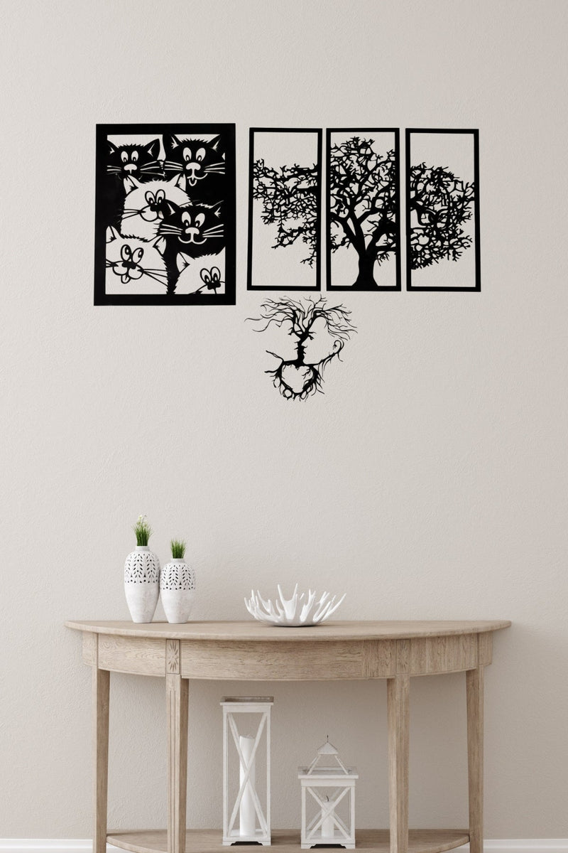 Ahşap Kedi ve Ağaç Temalı Duvar Tablosu 4’lü Set - Modern Minimalist Dekorasyon