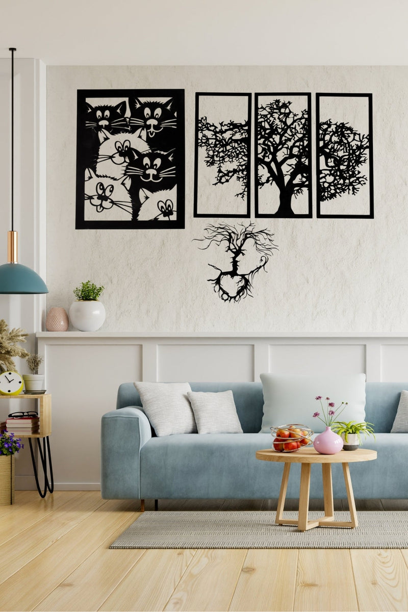 Ahşap Kedi ve Ağaç Temalı Duvar Tablosu 4’lü Set - Modern Minimalist Dekorasyon