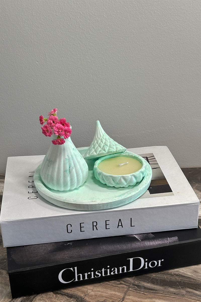 El Yapımı Doğal Taş Tozu Dekoratif Minimalist Yuvarlak Tepsili Vazo Ve Mum Seti ( Tepsi Dahil )