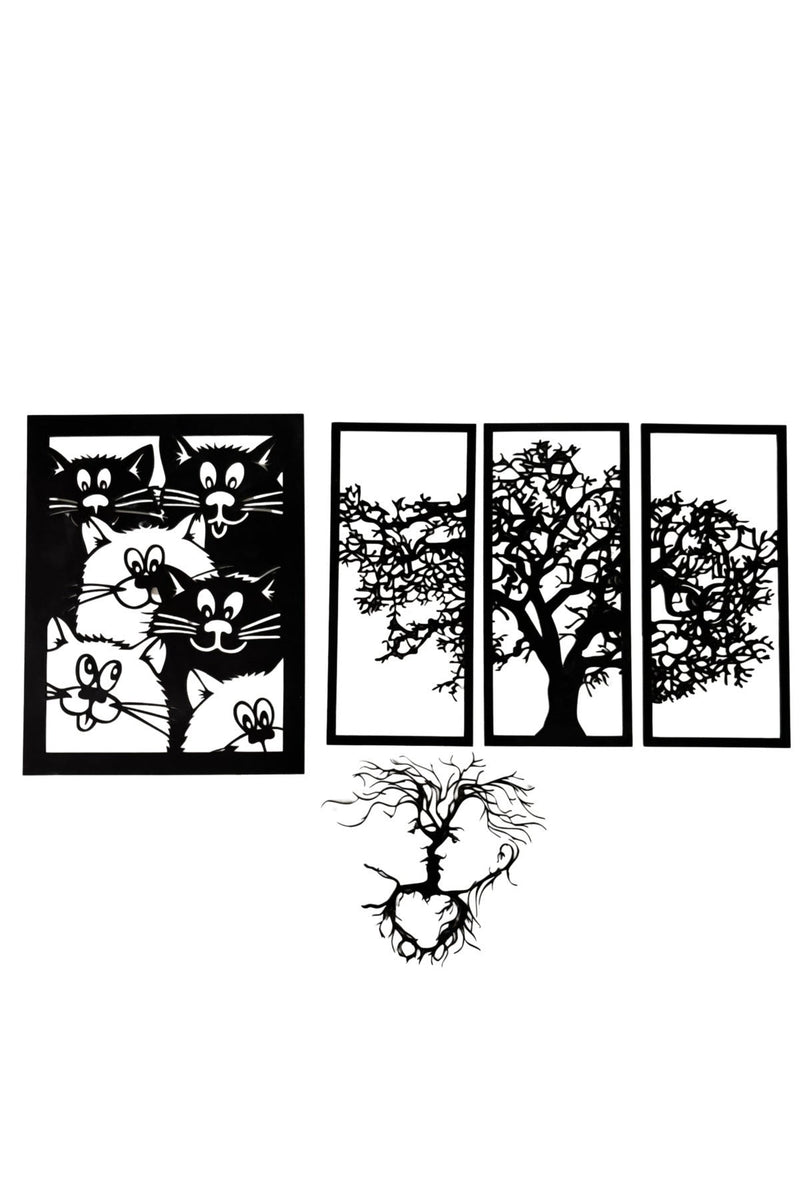 Ahşap Kedi ve Ağaç Temalı Duvar Tablosu 4’lü Set - Modern Minimalist Dekorasyon